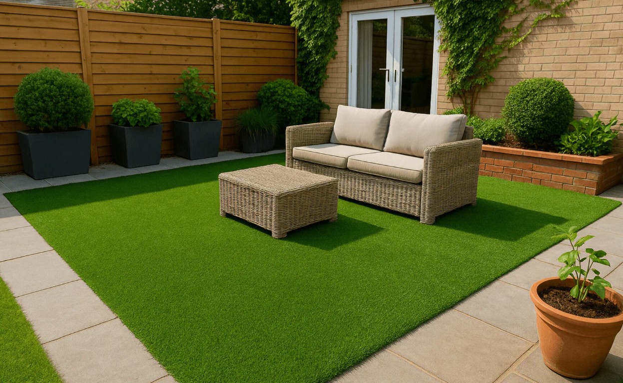 Eco-friendly artificial grass installation with modern outdoor furniture